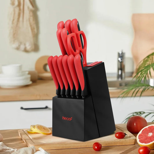 Pieces Kitchen Knife Set with Built-in Sharpening Wooden Block,