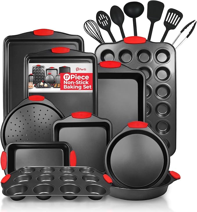 PERLLI Non-Stick 17-Piece Baking Pan Set, BPA-Free Carbon Steel Bakeware Set with Silicone Handles