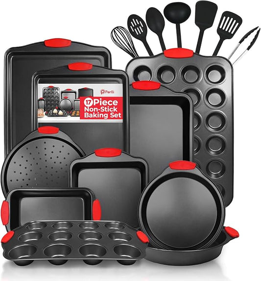 PERLLI Non-Stick 17-Piece Baking Pan Set, BPA-Free Carbon Steel Bakeware Set with Silicone Handles