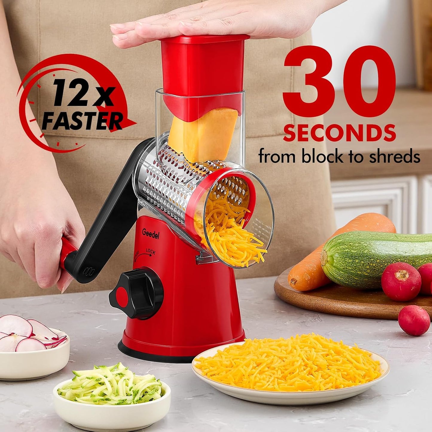 Geedel Rotary Cheese Grater, Kitchen Mandoline Vegetable Slicer with 3 Interchangeable Blades
